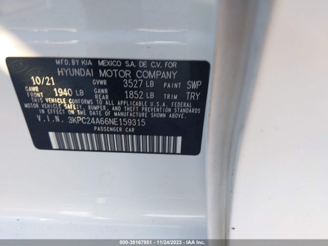 2022 HYUNDAI ACCENT SE VIN: 3KPC24A66NE159315