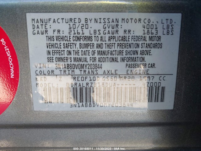 2021 NISSAN SENTRA SR XTRONIC CVT VIN: 3N1AB8DV0MY203844