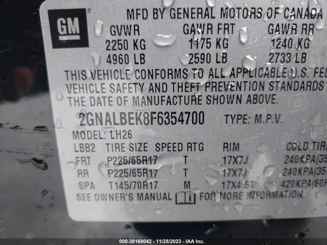 2015 CHEVROLET EQUINOX 1LT VIN: 2GNALBEK8F6354700