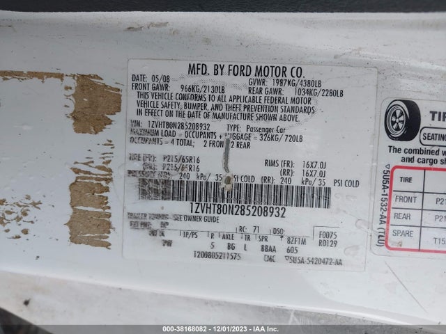 2008 FORD MUSTANG V6 DELUXE VIN: 1ZVHT80N285208932