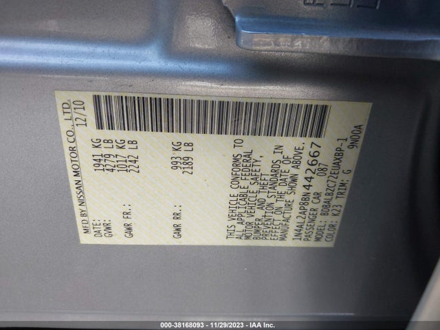 Продаж на аукціоні авто 2011 Nissan Altima 2.5 S, vin: 1N4AL2AP8BN442667, номер лоту: 38168093