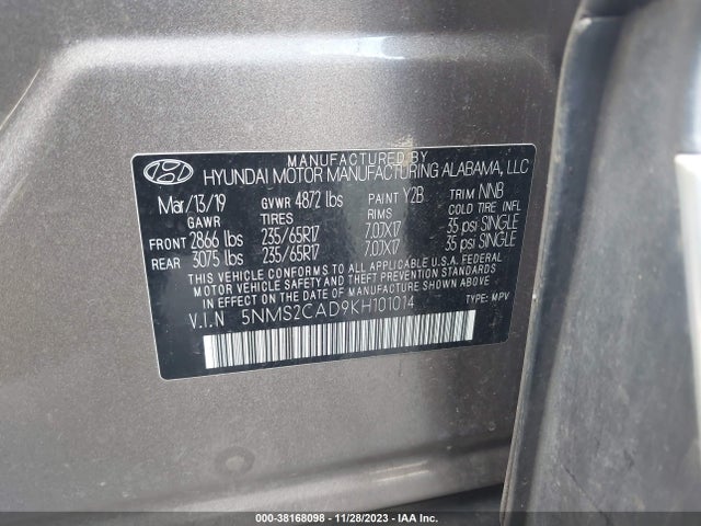 2019 HYUNDAI SANTA FE SE VIN: 5NMS2CAD9KH101014