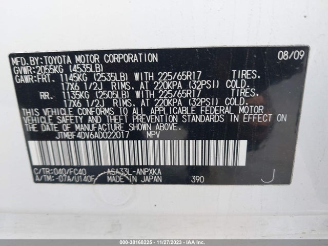 2010 TOYOTA RAV4 VIN: JTMBF4DV6AD022017