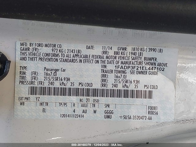 2014 FORD FOCUS SE VIN: 1FADP3F21EL447102