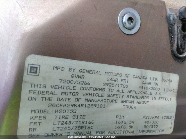 1994 CHEVROLET GMT-400 K2500 VIN: 2GCFK29K4R1289101