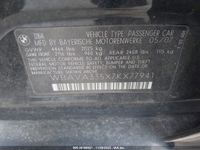 2007 BMW 3 SERIES 328I VIN: WBAVA335X7KX77941