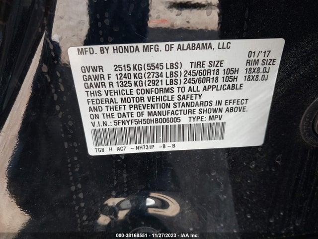 2017 HONDA PILOT EX-L VIN: 5FNYF5H50HB006005