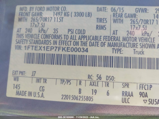 2015 FORD F-150 XL VIN: 1FTEX1EP7FKE00034