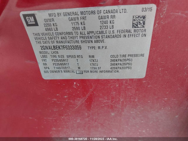 Chevrolet EQUINOX 1LT 2015 2GNALBEK7F6333059 Image 9