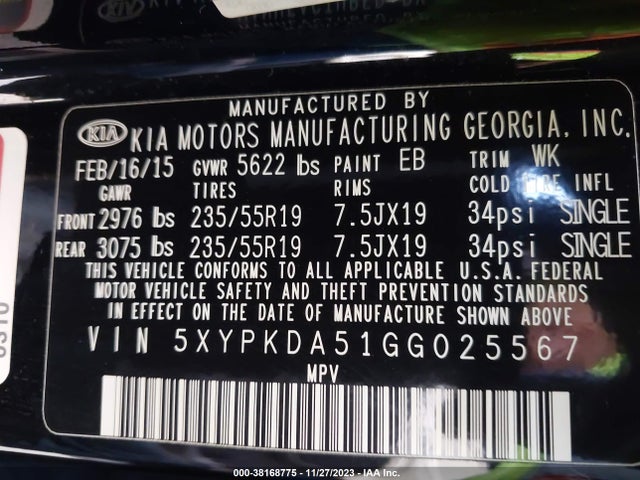 2016 KIA SORENTO 3.3L SXL VIN: 5XYPKDA51GG025567