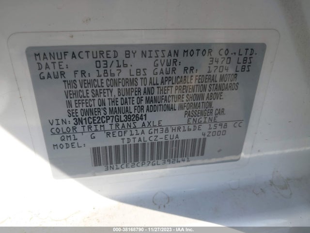 2016 NISSAN VERSA NOTE S PLUS VIN: 3N1CE2CP7GL392641