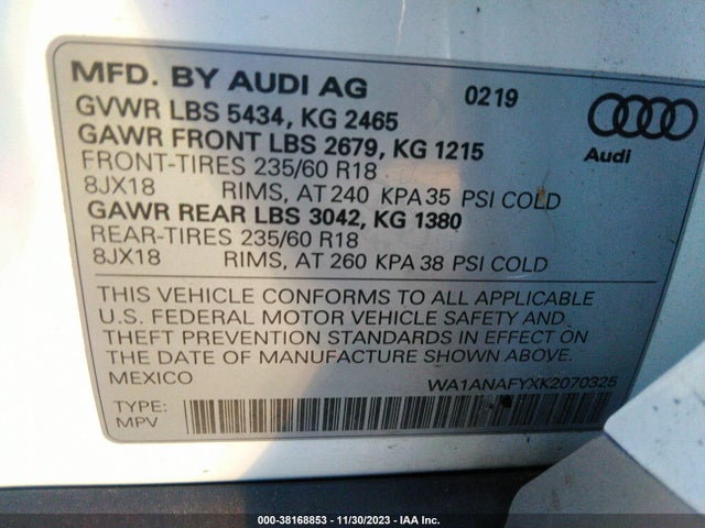 WA1ANAFYXK2070325 Audi Q5 45 Premium