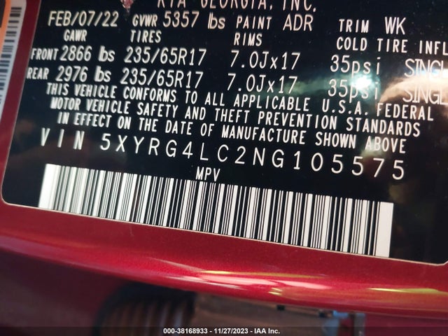2022 KIA SORENTO LX VIN: 5XYRG4LC2NG105575