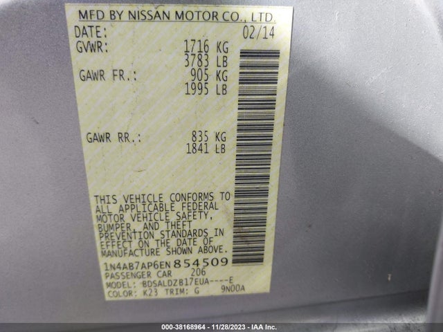 2014 NISSAN SENTRA FE+ S/FE+ SV/S/SV/SR/SL VIN: 1N4AB7AP6EN854509