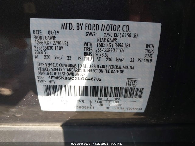 2020 FORD EXPLORER ST VIN: 1FM5K8GCXLGA46702