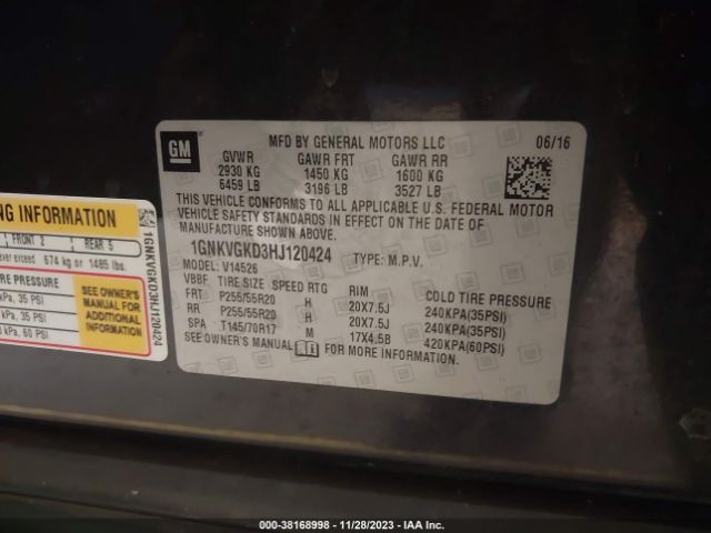 1GNKVGKD3HJ120424 Chevrolet Traverse 1lt