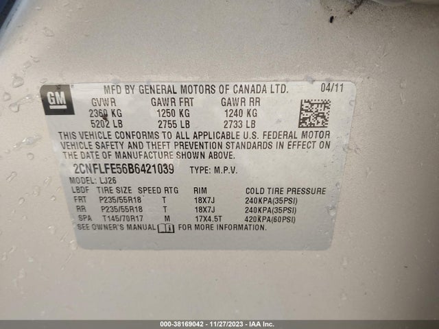 2011 CHEVROLET EQUINOX LTZ VIN: 2CNFLFE56B6421039