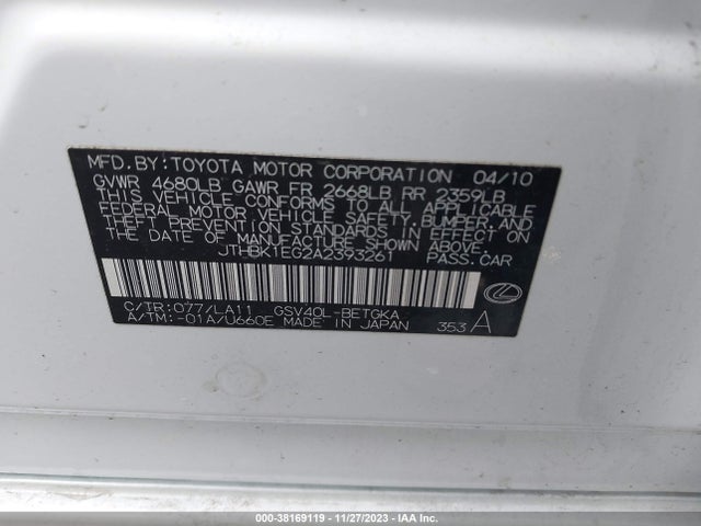 2010 Lexus Es 350 მანქანა იყიდება აუქციონზე, vin: JTHBK1EG2A2393261, აუქციონის ნომერი: 38169119