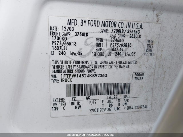 2004 FORD F-150 FX4/LARIAT/XLT VIN: 1FTPW14524KB92363