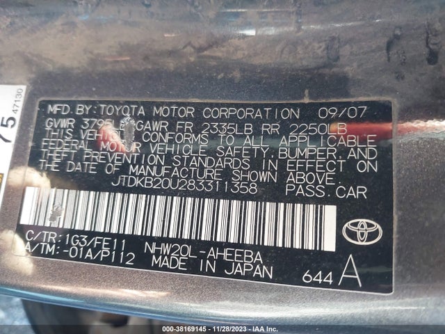 2008 TOYOTA PRIUS BASE (CVT-E) VIN: JTDKB20U283311358