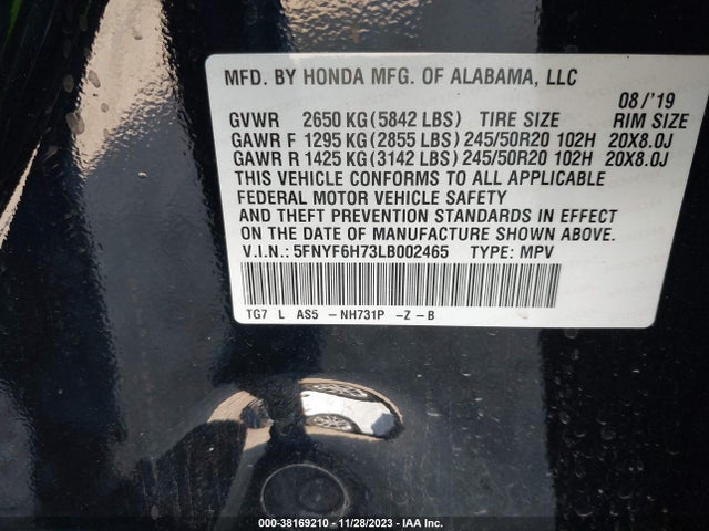5FNYF6H73LB002465 Honda Pilot Awd Black Edition
