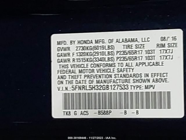 5FNRL5H32GB127533 Honda ODYSSEY SE