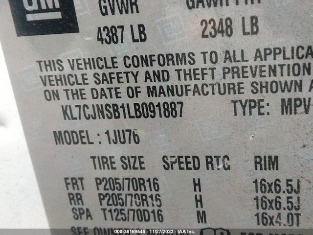 Chevrolet Trax Awd Ls 2020 KL7CJNSB1LB091887 Image 9