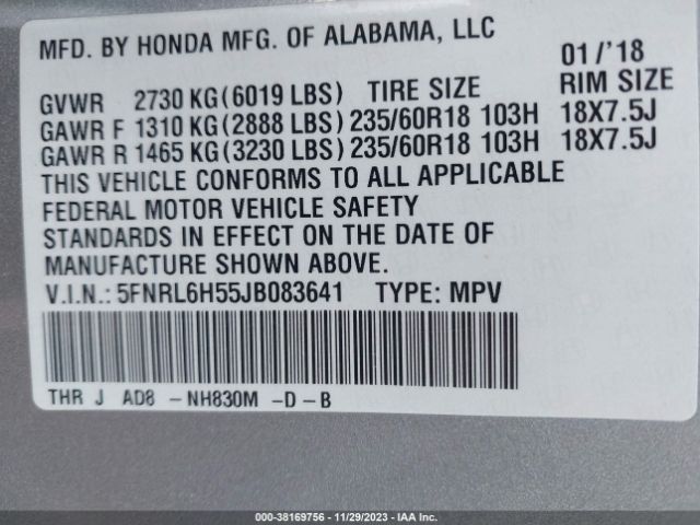 5FNRL6H55JB083641 Honda ODYSSEY EX