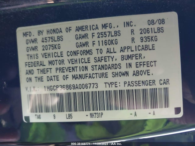 2009 HONDA ACCORD 3.5 EX-L VIN: 1HGCP36869A006773