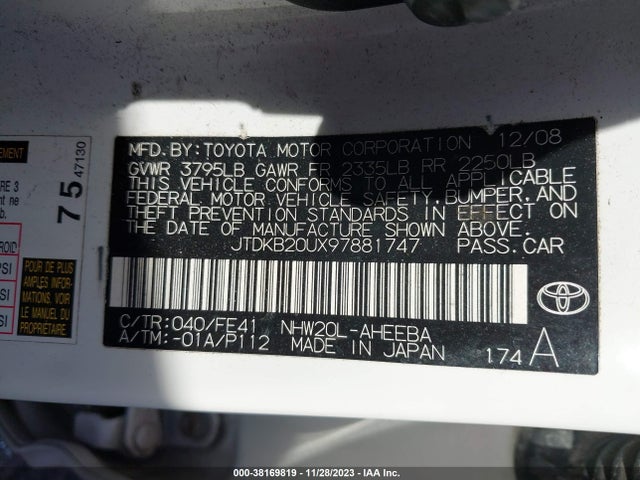 2009 TOYOTA PRIUS STANDARD VIN: JTDKB20UX97881747