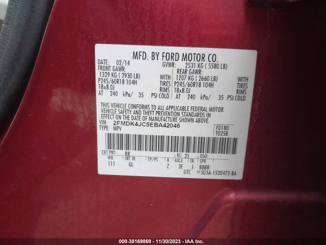 2014 FORD EDGE SEL VIN: 2FMDK4JC5EBA42046