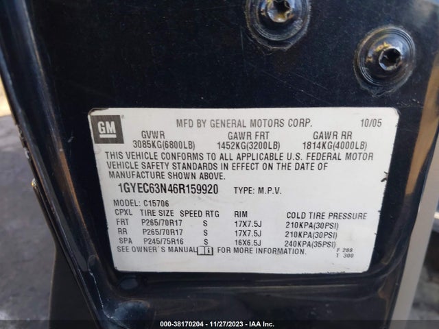 2006 CADILLAC ESCALADE STANDARD VIN: 1GYEC63N46R159920
