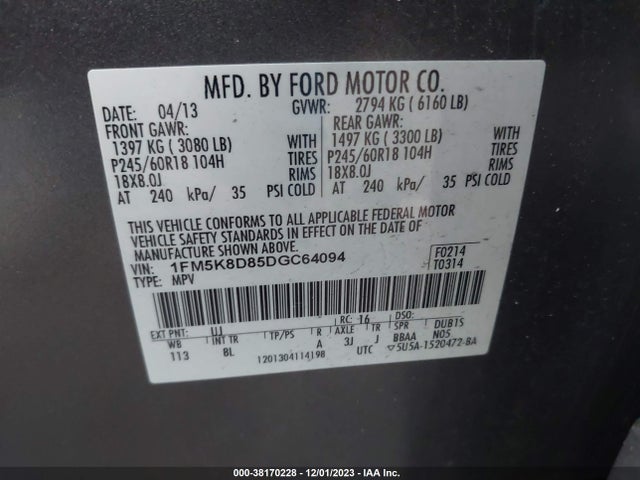 2013 FORD EXPLORER XLT VIN: 1FM5K8D85DGC64094