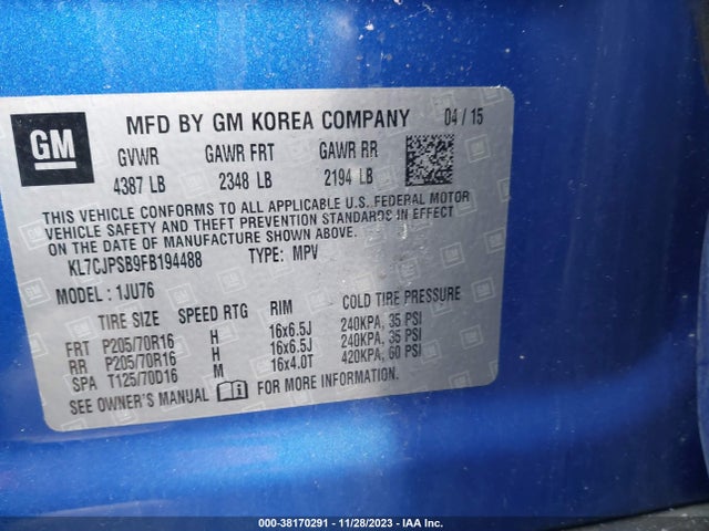 Chevrolet Trax 1ls 2015 KL7CJPSB9FB194488 Image 9