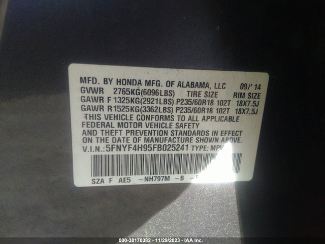 Honda Pilot Touring 2015 5FNYF4H95FB025241 Image 9