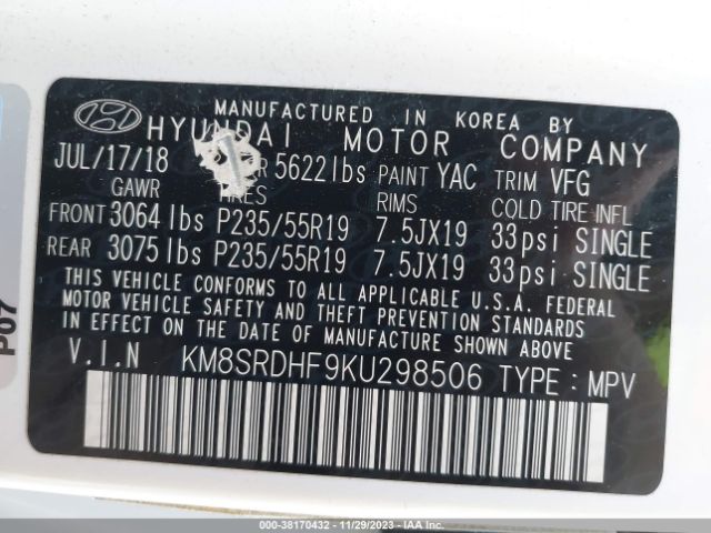 KM8SRDHF9KU298506 Hyundai Santa Fe Xl Limited Ultimate