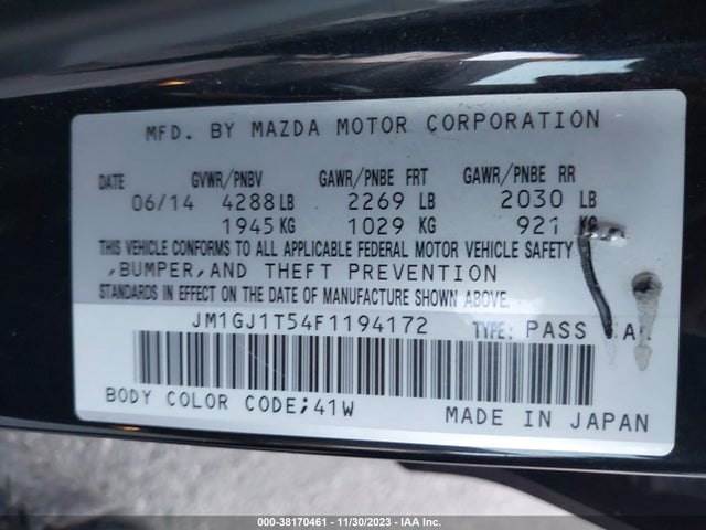 2015 MAZDA MAZDA6 I TOURING VIN: JM1GJ1T54F1194172