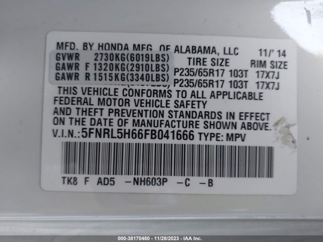 Honda Odyssey Ex-l 2015 5FNRL5H66FB041666 Image 9