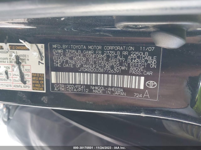 2008 TOYOTA PRIUS BASE (CVT-E) VIN: JTDKB20U387726391