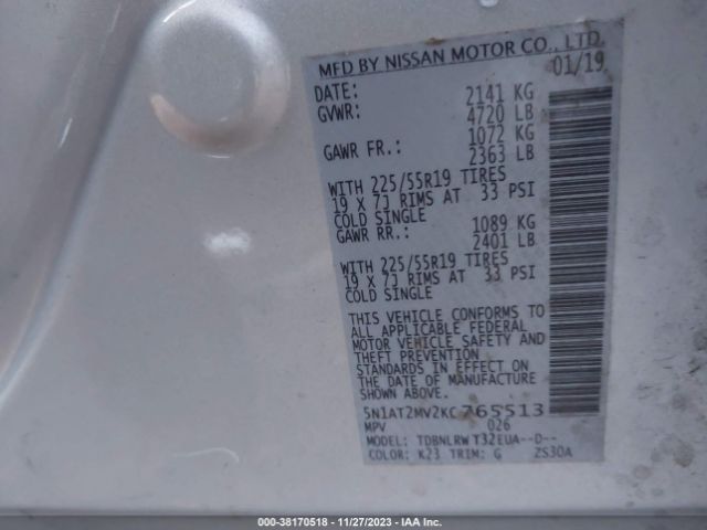 5N1AT2MV2KC765513 Nissan Rogue Sl