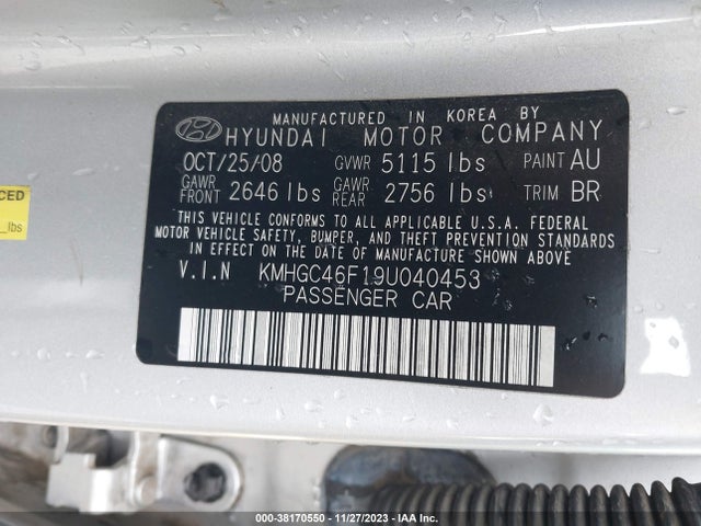 2009 HYUNDAI GENESIS 4.6 VIN: KMHGC46F19U040453