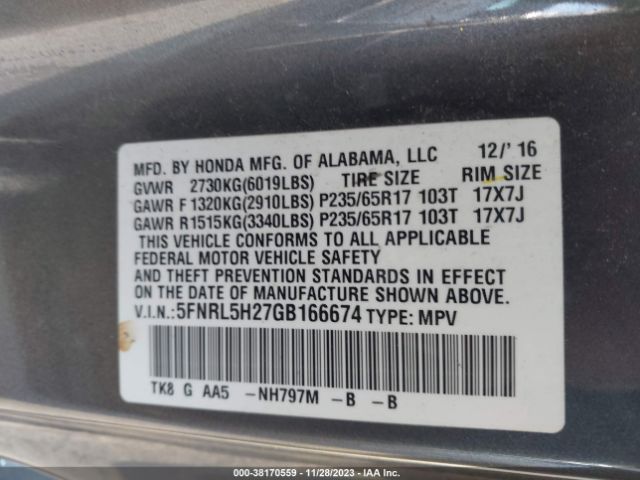 5FNRL5H27GB166674 Honda ODYSSEY LX