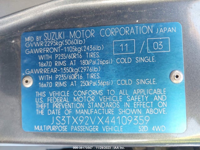 2004 SUZUKI XL-7 EX/LX VIN: JS3TX92VX44109359