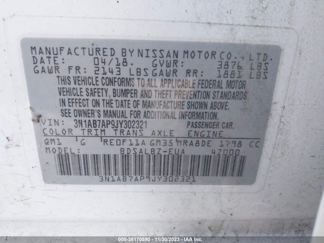 2018 NISSAN SENTRA S VIN: 3N1AB7AP9JY302321