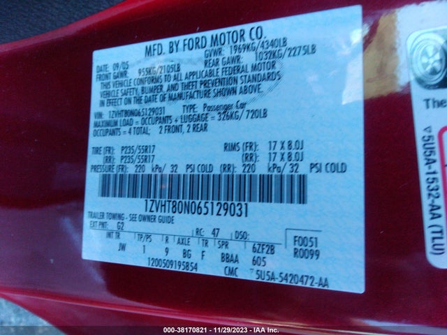 2006 FORD MUSTANG V6 VIN: 1ZVHT80N065129031