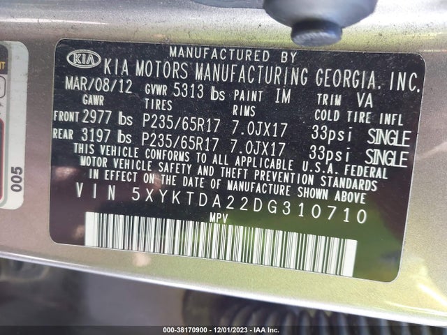 2013 KIA SORENTO LX V6 VIN: 5XYKTDA22DG310710