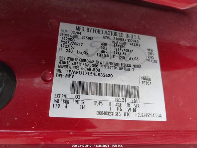2004 FORD EXPEDITION EDDIE BAUER VIN: 1FMFU17L54LB32630