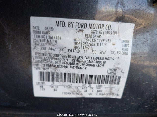 2020 FORD EXPLORER XLT VIN: 1FMSK8DH4LGC56652