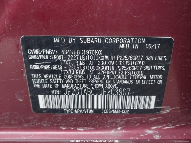 2018 SUBARU CROSSTREK 2.0I PREMIUM VIN: JF2GTABC1JH203907