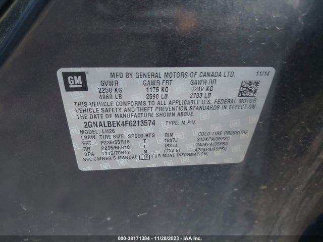 Chevrolet EQUINOX 1LT 2015 2GNALBEK4F6213574 Image 9